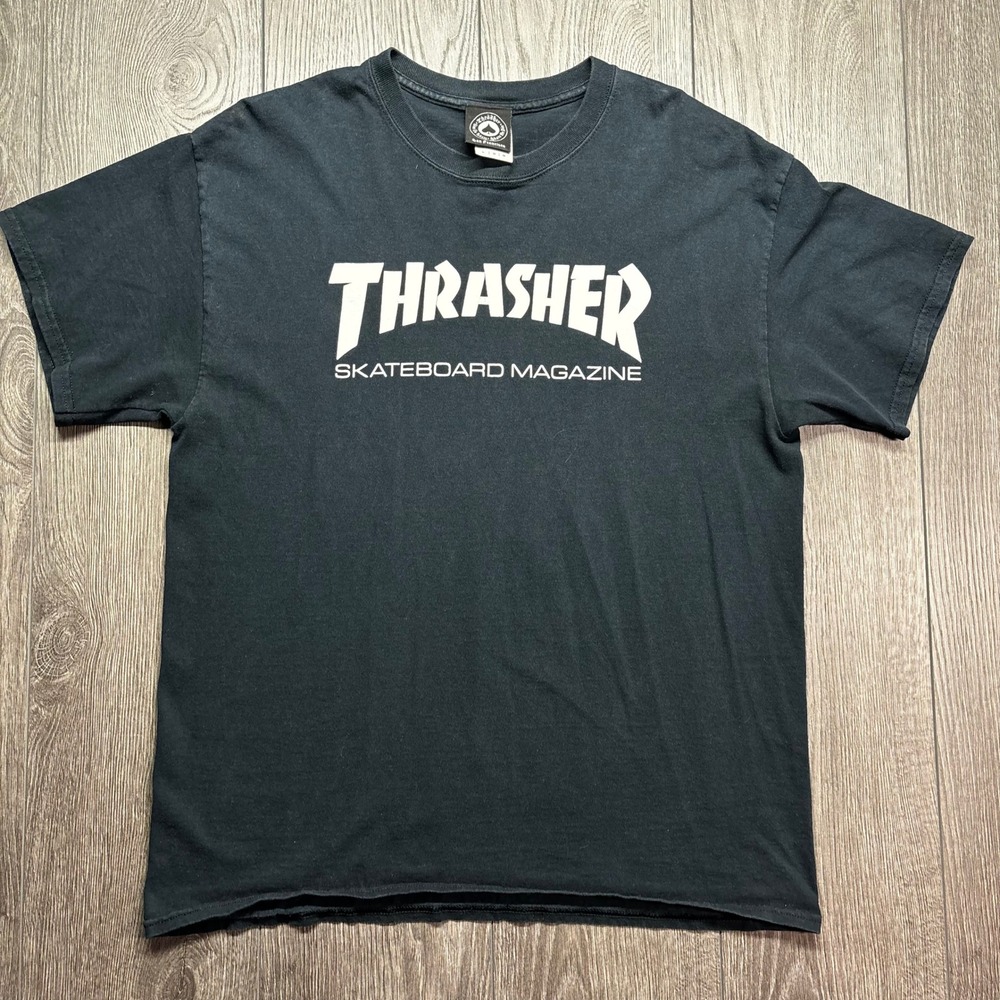 Thrasher Skateboard Magazine Logo T-Shirt Mens Large Black Short Sleeve Tee Y2k